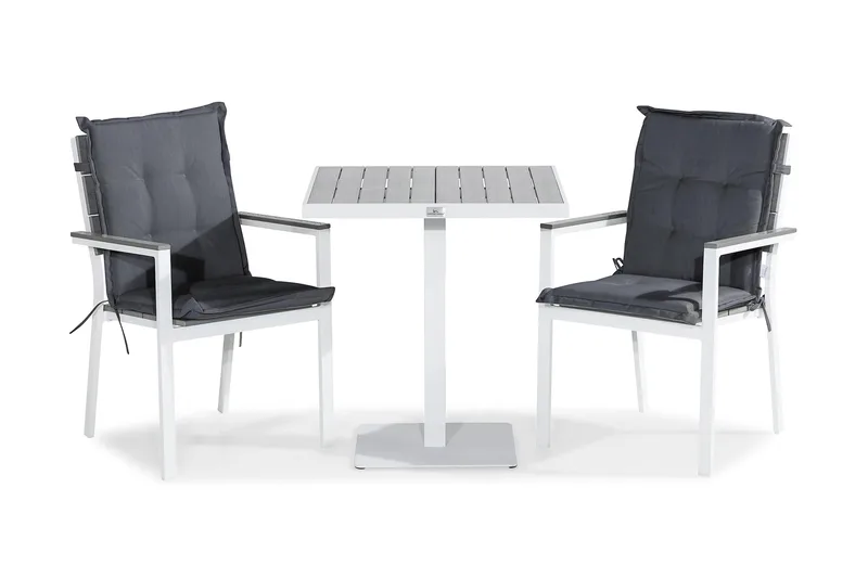 Tunis Caféset 70x70 + 2 Stapelstolar m Dyna, Vit/Grå