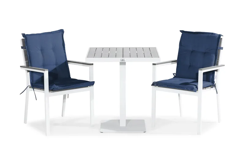 Tunis Caféset 70x70 + 2 Stapelstolar m Dyna - Vit/Grå/Blå - Utemöbler - Balkong - Balkongmöbler - Balkonggrupper