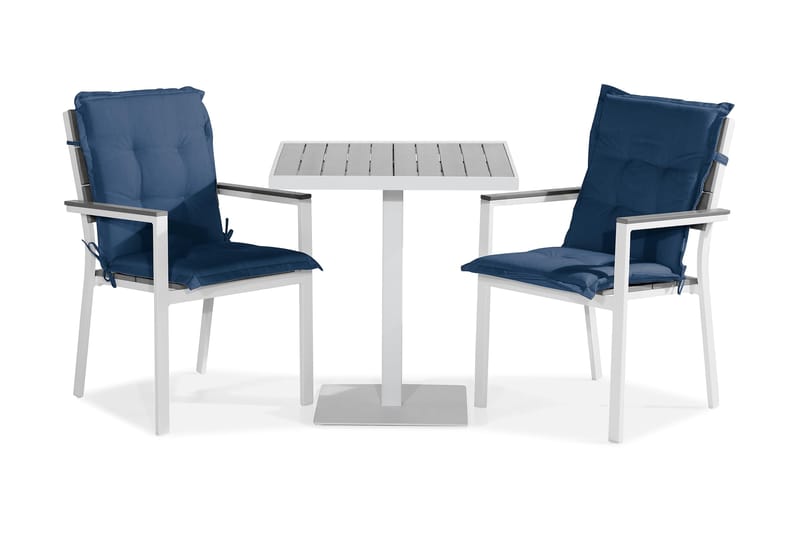 TUNIS Caféset 70x70 Vit/Grå + 2 Stapelstolar m Dyna Blå - Utemöbler - Utegrupp - Caféset