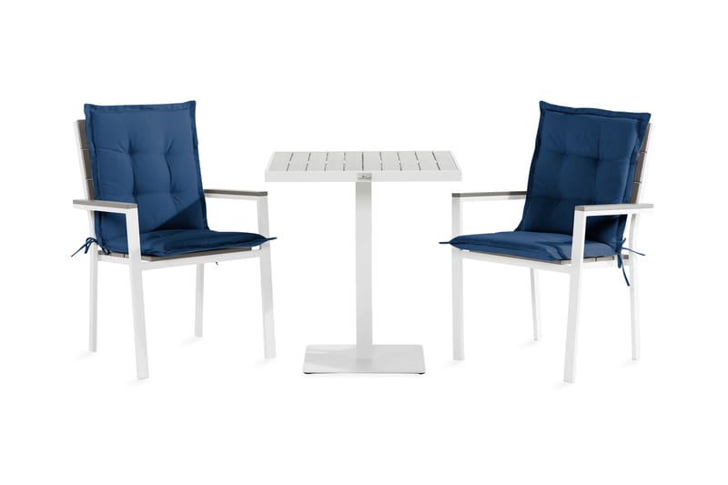 TUNIS Caféset 70x70 Vit/Grå + 2 Stapelstolar m Dyna Blå - Utemöbler - Utegrupp - Caféset