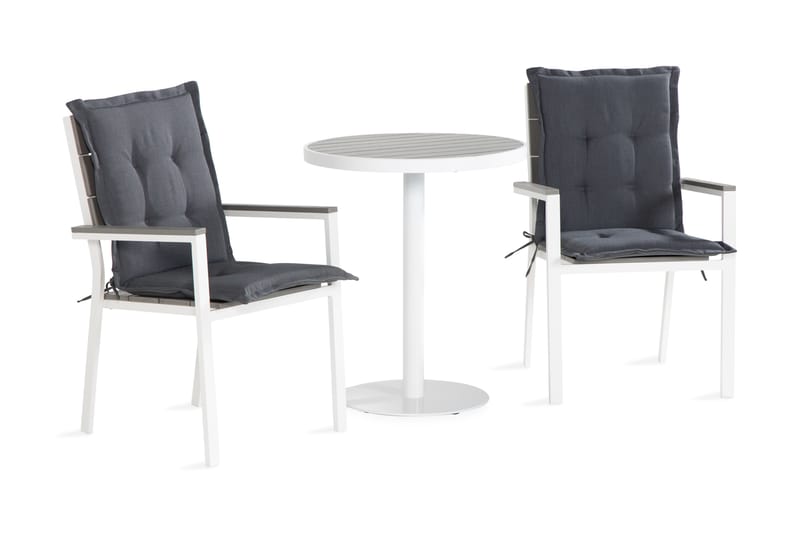 TUNIS Caféset 70x70 Vit/Grå + 2 Stapelstolar m Dyna Grå - Utemöbler - Utegrupp - Caféset