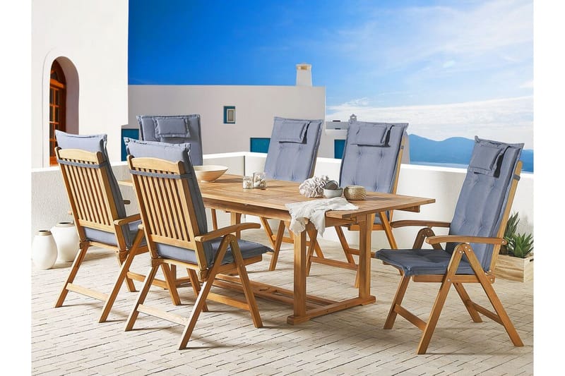 Trädgårdsstol 6 st akaciaträ med dyna i blå JAVA - Trä/natur - Utemöbler - Balkong - Balkongmöbler - Balkongstolar