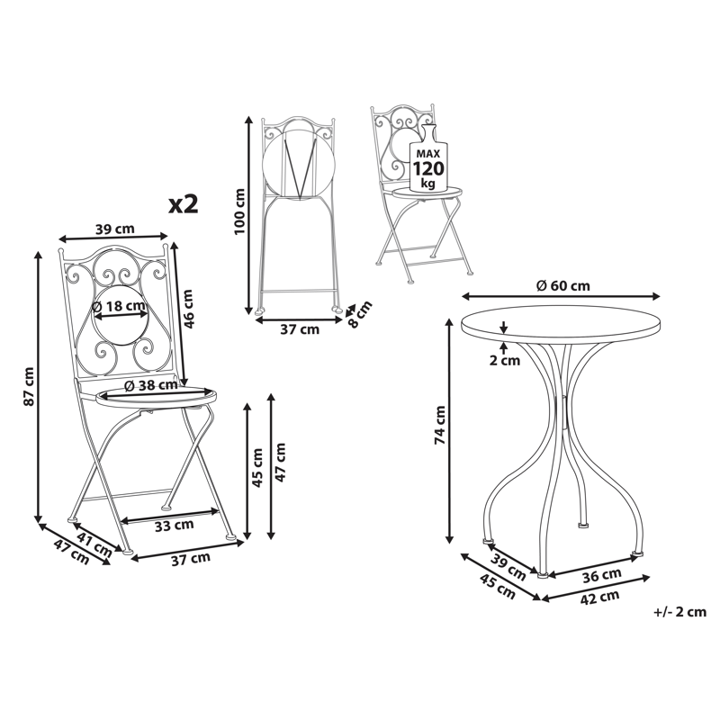 Caféset utomhus Fällbar Adrano Järn - Svart/Brun/Orange - Utemöbler - Balkong - Balkongmöbler - Balkonggrupper