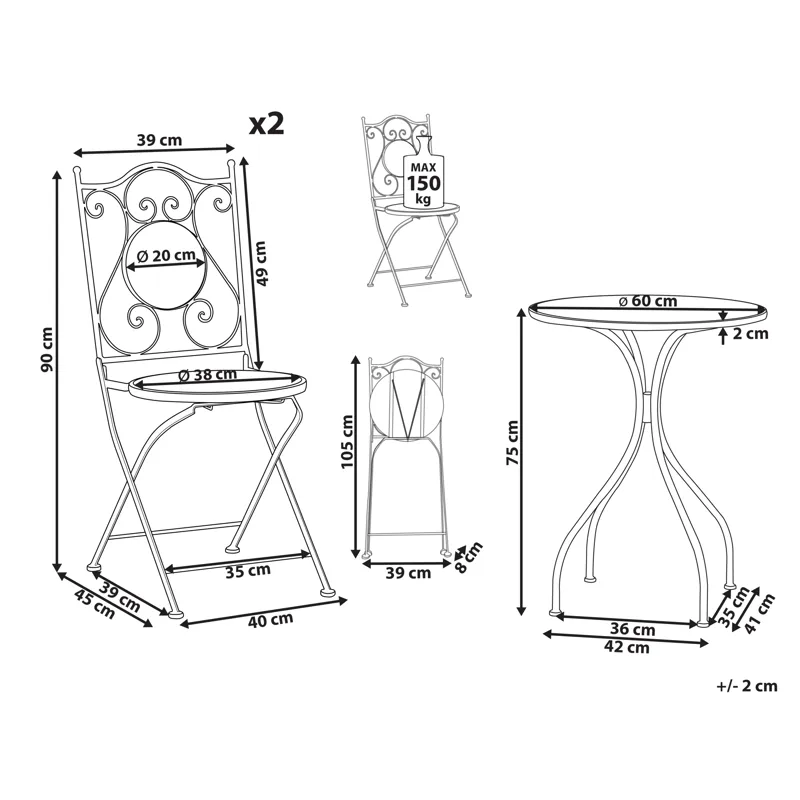 Caféset utomhus Fällbar Chapeco Järn - Svart/Blå/Vit - Utemöbler - Balkong - Balkongmöbler - Balkonggrupper