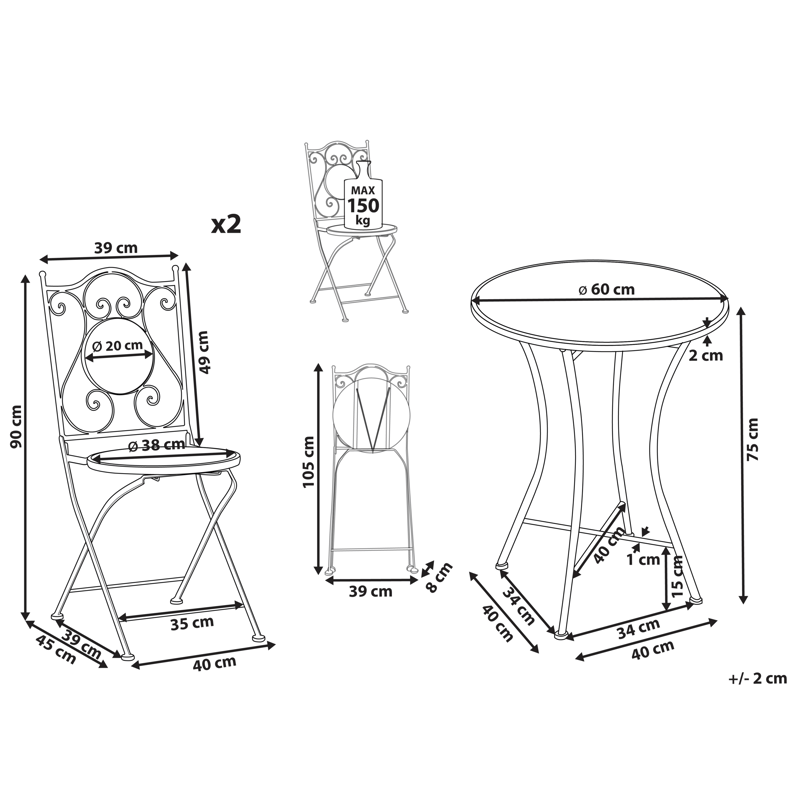 Caféset utomhus Fällbar Comiso Järn - Svart/Vit - Utemöbler - Balkong - Balkongmöbler - Balkonggrupper