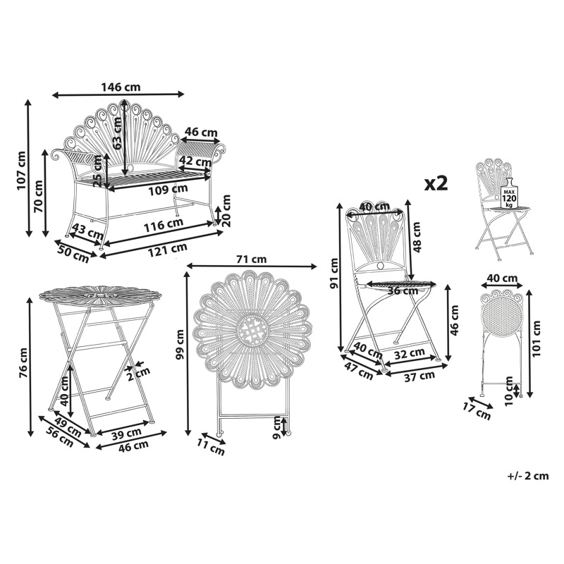 Caféset utomhus med Bänk Pavia Järn - Blå - Utemöbler - Balkong - Balkongmöbler - Balkonggrupper
