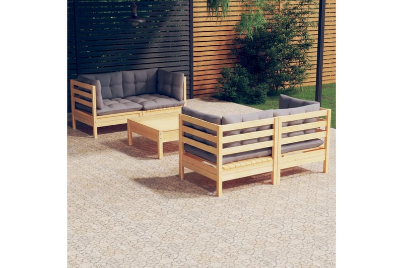 Trädgårdssoffa 5-sits med grå dynor massiv furu - Grå - Utemöbler - Utesoffor & bänkar - Loungesoffa