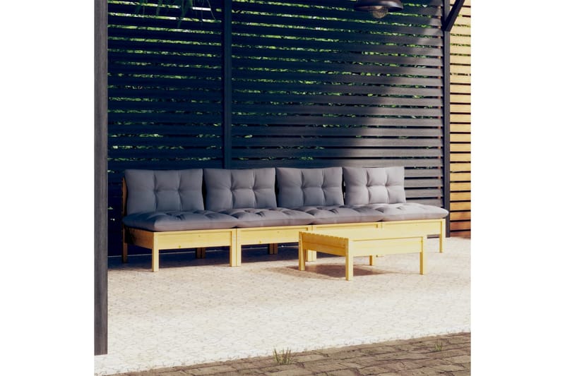 Trädgårdssoffa 5-sits med grå dynor massiv furu - Grå - Loungesoffa