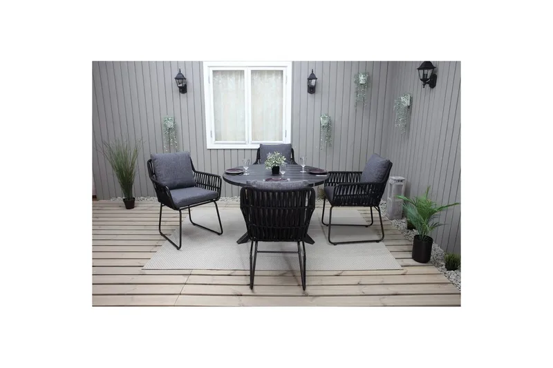 Utomhusmöbelgrupp Ø 112 cm bord & 4 Levanto grå stolar Svart - Svart - Utemöbler - Balkong - Balkongmöbler - Balkonggrupper
