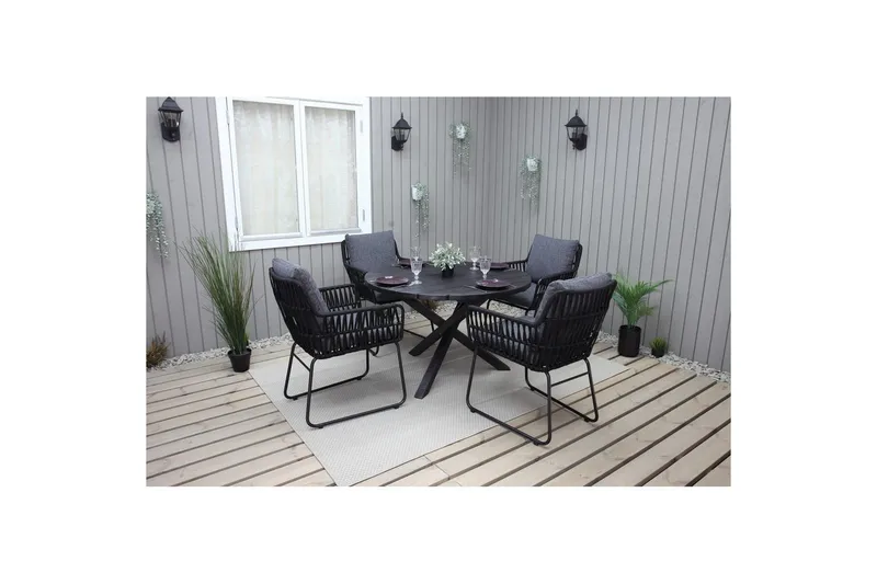 Utomhusmöbelgrupp Ø 112 cm bord & 4 Levanto grå stolar Svart - Svart - Utemöbler - Balkong - Balkongmöbler - Balkonggrupper