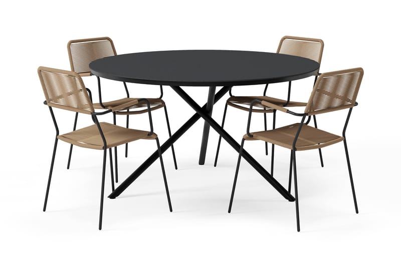 Alex Matbord 140 cm Runt med 4 Lindos Matstolar - Svart - Utemöbler - Utegrupp - Matgrupper utomhus