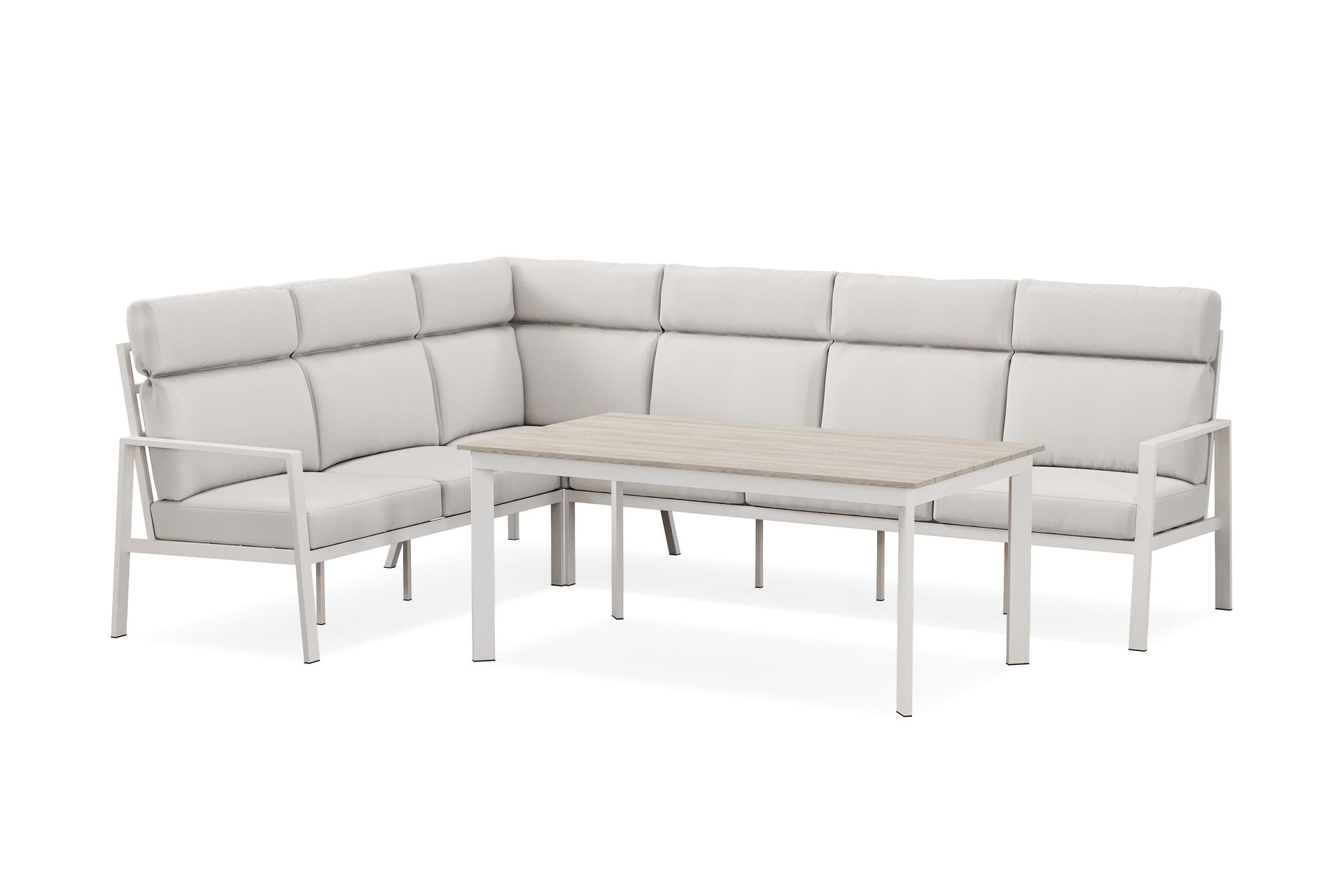 ariany lyx l-formad 6-sits hörnsoffa utomhus med hög rygg med beiga dynor och bord i aluminium - beige