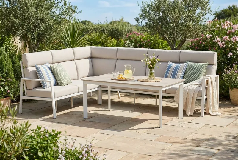 Ariany Lyx l-formad 6-sits hörnsoffa utomhus med hög rygg med beiga dynor och bord i aluminium - Beige - Utemöbler - Utegrupp - Loungegrupp