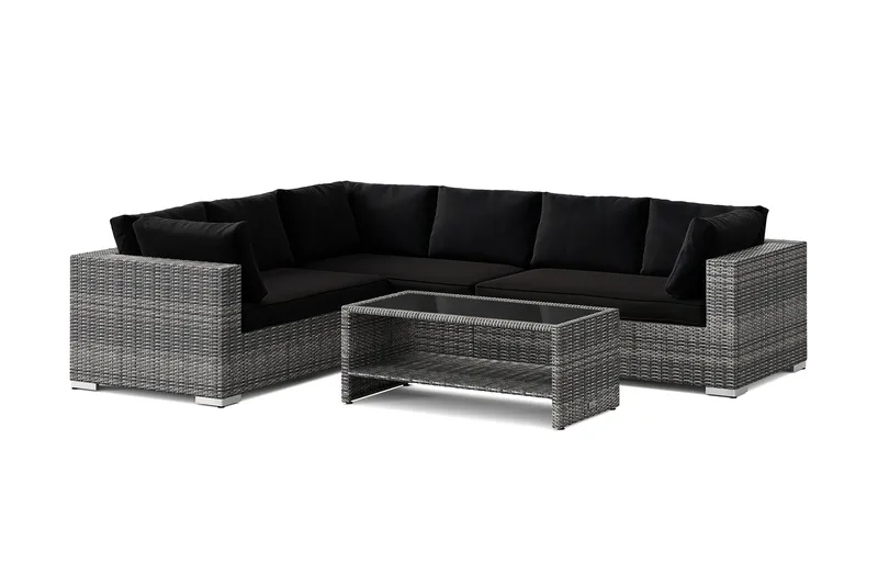 Bahamas L-formad utesoffa höger, 6-sits med bord och hylla, Grå