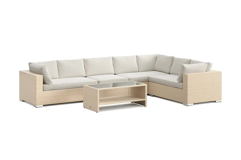 Bahamas L-formad utesoffa höger, 7-sits med bord och hylla, Beige