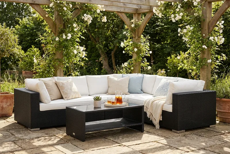 Bahamas L-formad utesoffa vänster, 6-sits med bord och hylla - Svart - Utemöbler - Utegrupp - Loungegrupp