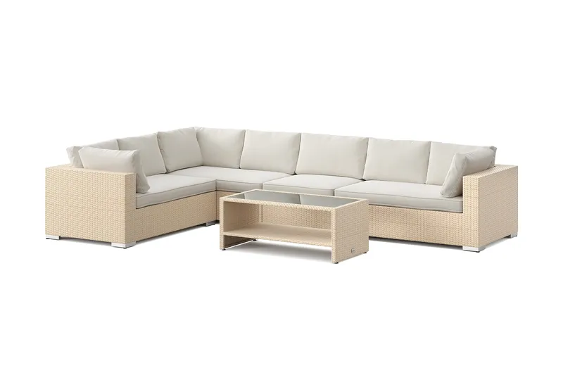 Bahamas L-formad utesoffa vänster, 7-sits med bord och hylla, Beige