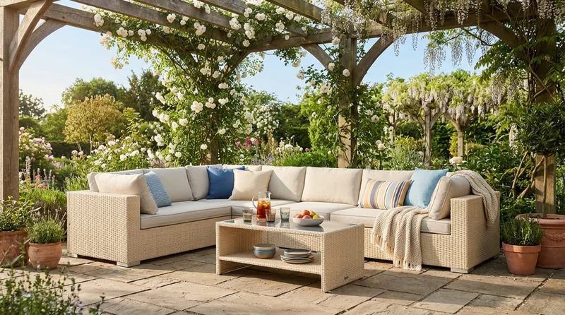 Bahamas L-formad utesoffa vänster, 7-sits med bord och hylla - Beige - Utemöbler - Utegrupp - Loungegrupp