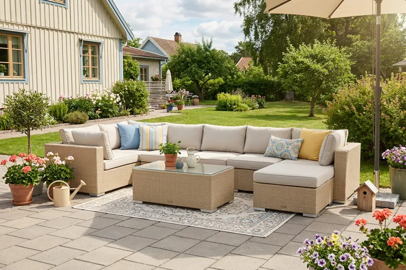 Bahamas U-formad utomhus loungegrupp 7-sits med vändbar divan och bord - Beige - Utemöbler - Utegrupp - Loungegrupp