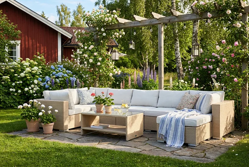 Bahamas U-formad utomhus loungegrupp 7-sits med vändbar divan och bord med hylla - Beige - Utemöbler - Utegrupp - Loungegrupp