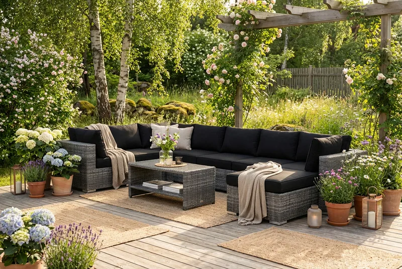 Bahamas U-formad utomhus loungegrupp 7-sits med vändbar divan och bord med hylla - Grå - Utemöbler - Utegrupp - Loungegrupp