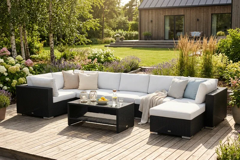 Bahamas U-formad utomhus loungegrupp 7-sits med vändbar divan och bord med hylla - Svart - Utemöbler - Utegrupp - Loungegrupp