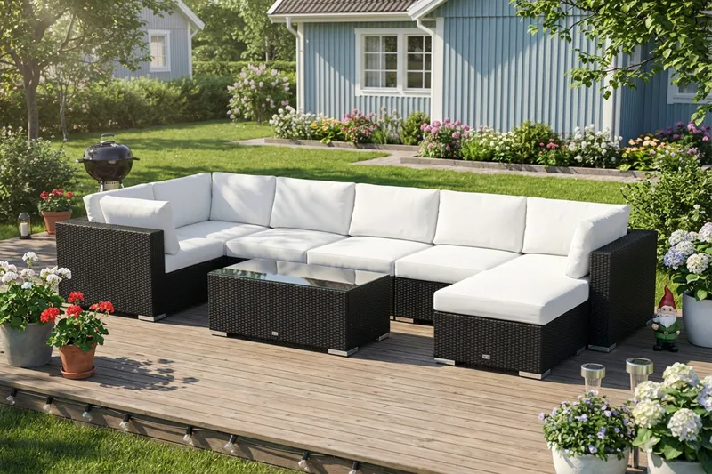 Bahamas U-formad utomhus loungegrupp 7-sits med vändbar divan och bord - Svart - Utemöbler - Utegrupp - Loungegrupp