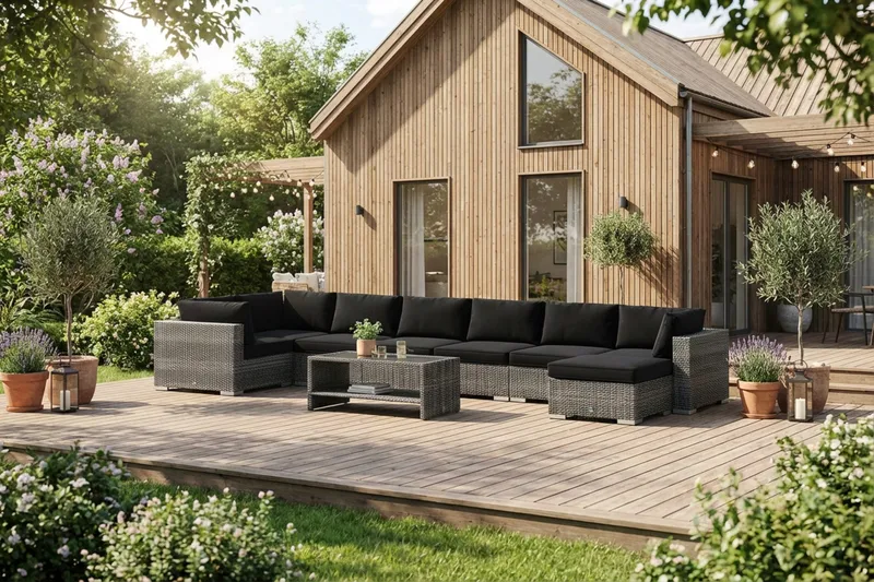 Bahamas U-formad utomhus loungegrupp 8-sits med vändbar divan och bord med hylla - Grå - Utemöbler - Utegrupp - Loungegrupp