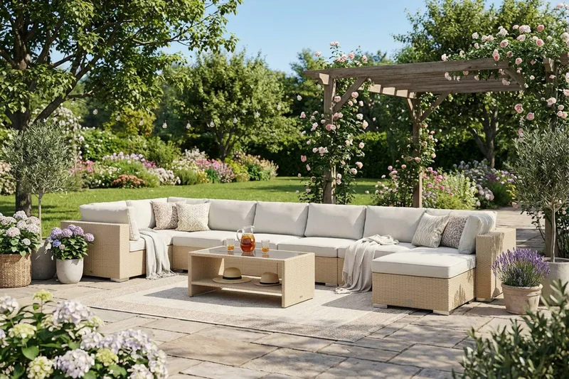 Bahamas U-formad utomhus loungegrupp 8-sits med vändbar divan och bord med hylla - Sand - Utemöbler - Utegrupp - Loungegrupp