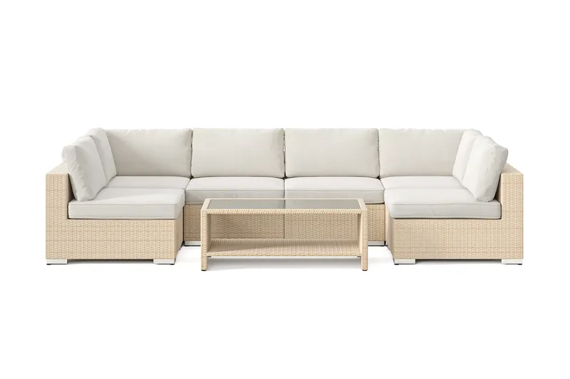 Bahamas U-formad utomhus loungegrupp med öppet avslut, 6-sits med bord och hylla - Beige - Utemöbler - Utegrupp - Loungegrupp