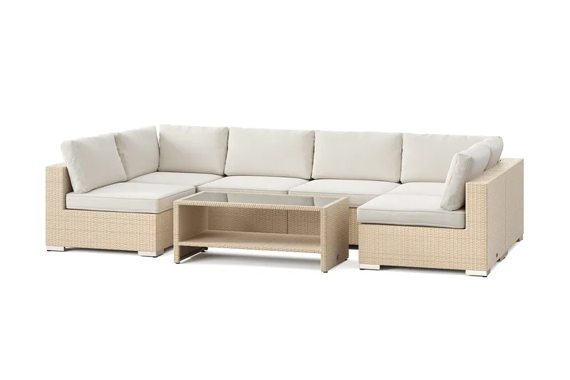 Bahamas U-formad utomhus loungegrupp med öppet avslut, 6-sits med bord och hylla, Beige