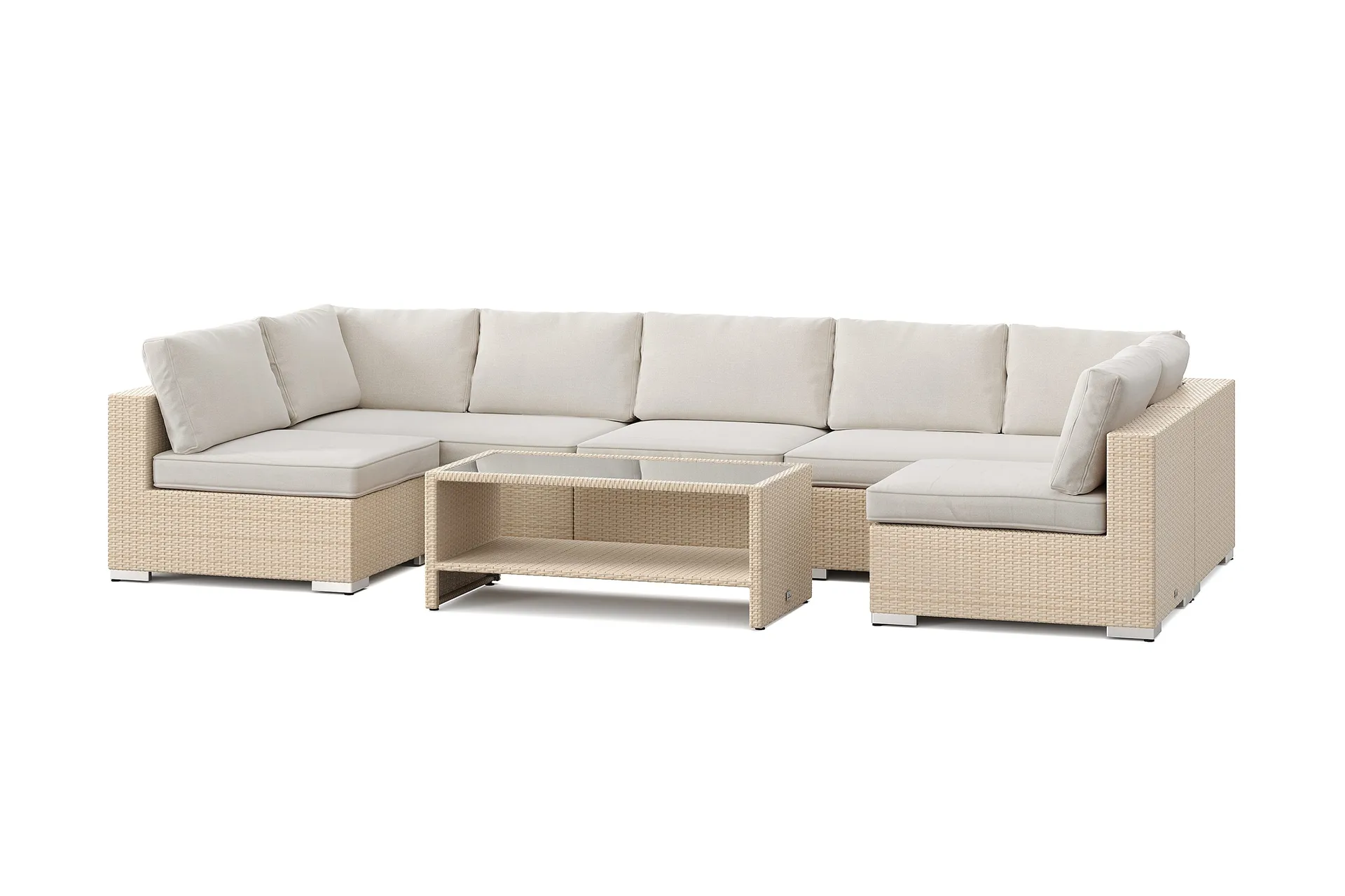bahamas u-formad utomhus loungegrupp med öppet avslut, 7-sits med bord och hylla - beige