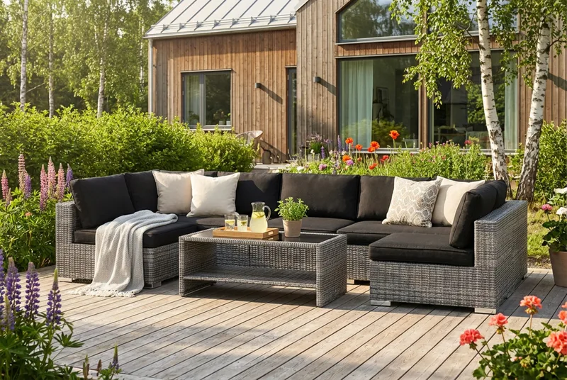 Bahamas U-formad utomhus loungegrupp med öppet avslut, 7-sits med bord och hylla - Grå - Utemöbler - Utegrupp - Loungegrupp