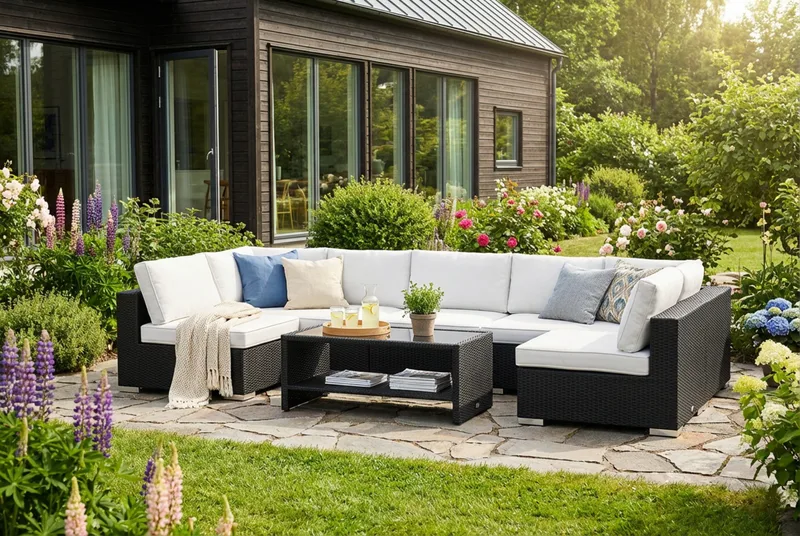 Bahamas U-formad utomhus loungegrupp med öppet avslut, 7-sits med bord och hylla - Svart - Utemöbler - Utegrupp - Loungegrupp