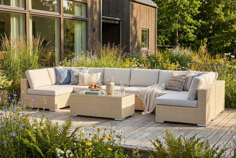 Bahamas U-formad utomhus loungegrupp med öppet avslut, 8-sits med bord - Beige - Utemöbler - Utegrupp - Loungegrupp