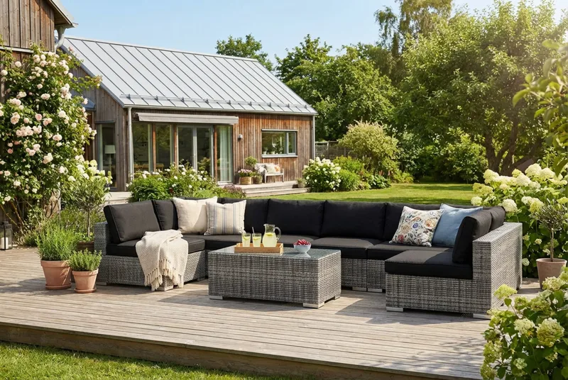 Bahamas U-formad utomhus loungegrupp med öppet avslut, 8-sits med bord - Grå - Utemöbler - Utegrupp - Loungegrupp