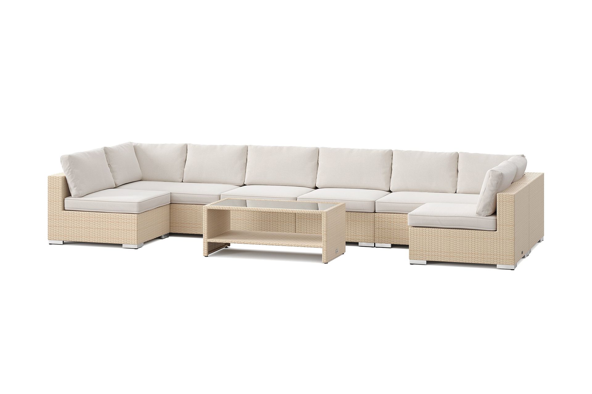 Bahamas U-formad utomhus loungegrupp med &ouml;ppet avslut, 8-sits med bord och hylla - Beige