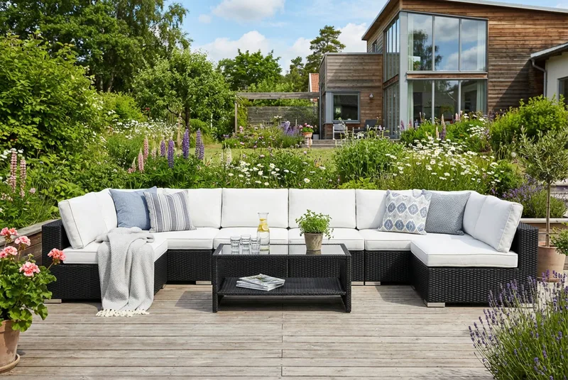 Bahamas U-formad utomhus loungegrupp med öppet avslut, 8-sits med bord och hylla - Svart - Utemöbler - Utegrupp - Loungegrupp