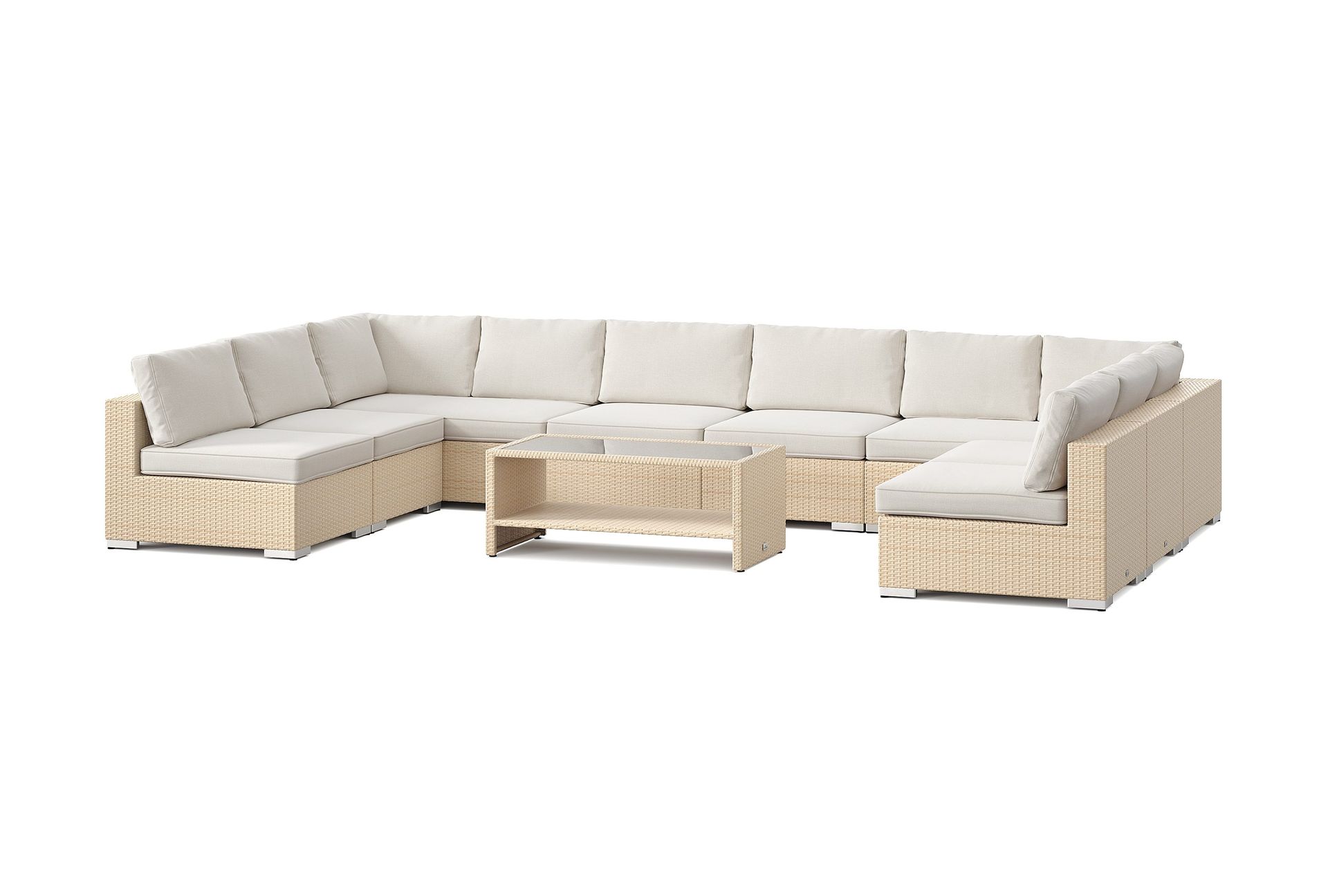 Bahamas U-formad utomhus loungegrupp med &ouml;ppet avslut, 9-sits med bord och hylla - Beige