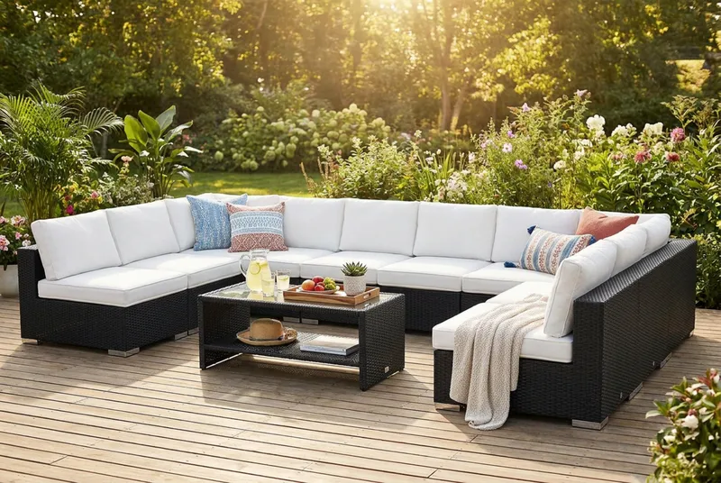 Bahamas U-formad utomhus loungegrupp med öppet avslut, 9-sits med bord och hylla - Svart - Utemöbler - Utegrupp - Loungegrupp