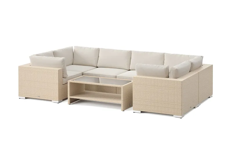 Bahamas U-formad utomhus loungegrupp med stängt avslut, 6-sits med bord och hylla, Beige