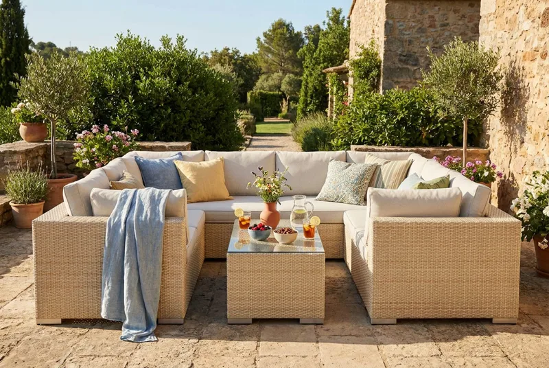 Bahamas U-formad utomhus loungegrupp med stängt avslut, 8-sits med bord - Beige - Utemöbler - Utegrupp - Loungegrupp