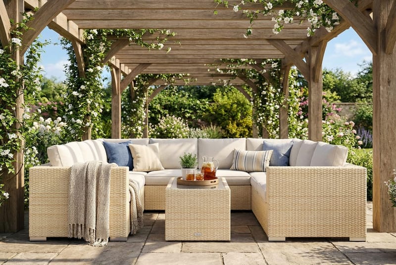 Bahamas U-formad utomhus loungegrupp med stängt avslut, 8-sits med bord och hylla - Beige - Utemöbler - Utegrupp - Loungegrupp