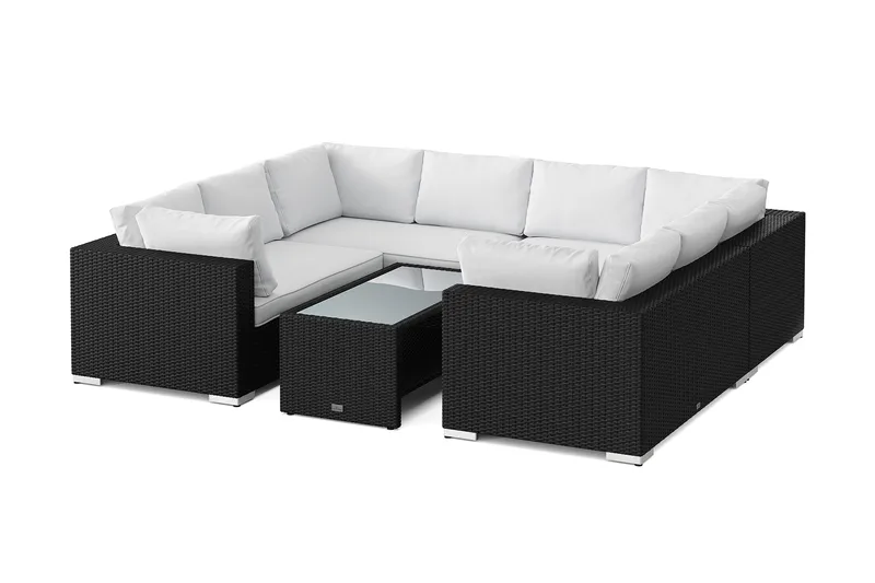 Bahamas U-formad utomhus loungegrupp med stängt avslut, 8-sits med bord och hylla, Svart