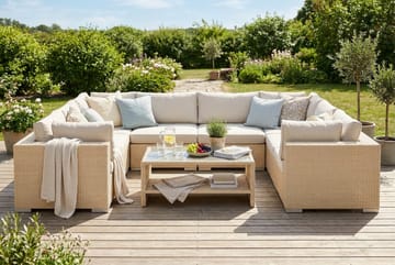 Bahamas U-formad utomhus loungegrupp med stängt avslut, 9-sits med bord och hylla - Beige - Utemöbler - Utegrupp - Loungegrupp