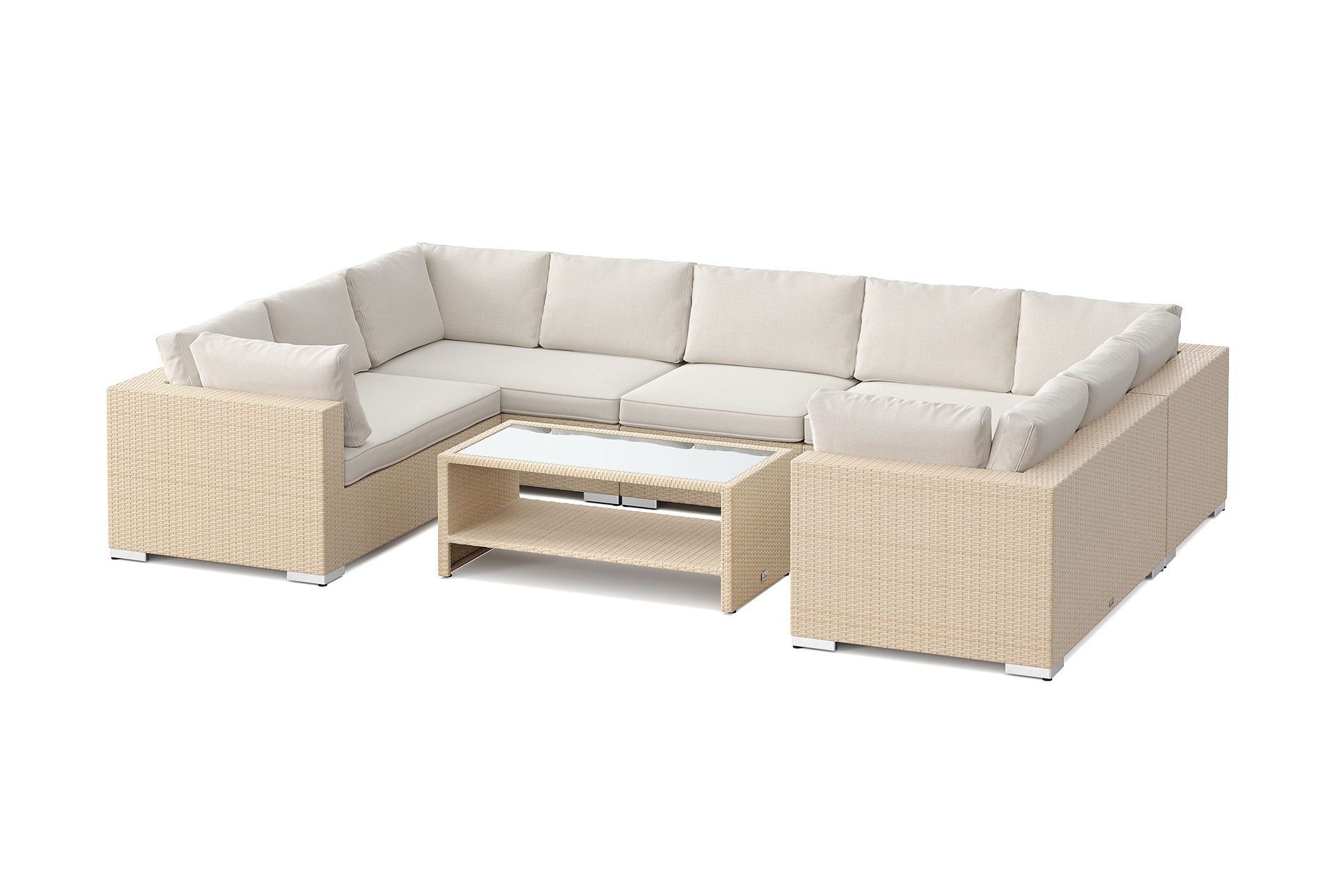 bahamas u-formad utomhus loungegrupp med stängt avslut, 9-sits med bord och hylla - beige