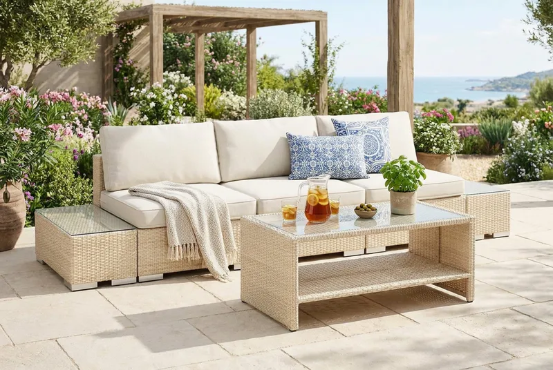 Bahamas utesoffa 3-sits med bord med hylla - Beige - Utemöbler - Utegrupp - Loungegrupp