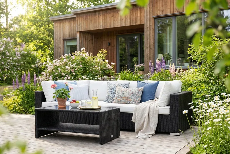 Bahamas utesoffa 4-sits med bord och hylla - Svart - Utemöbler - Utegrupp - Loungegrupp