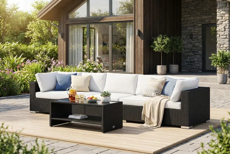 Bahamas utesoffa 5-sits med bord och hylla - Svart - Utemöbler - Utegrupp - Loungegrupp