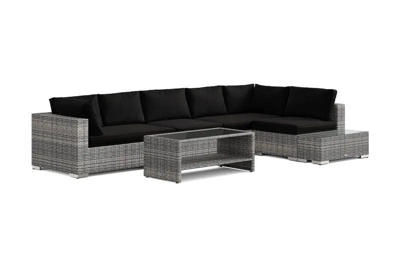 Bahamas utesoffa 6-sits vändbar schäslong med avslut och bord med hylla, Grå